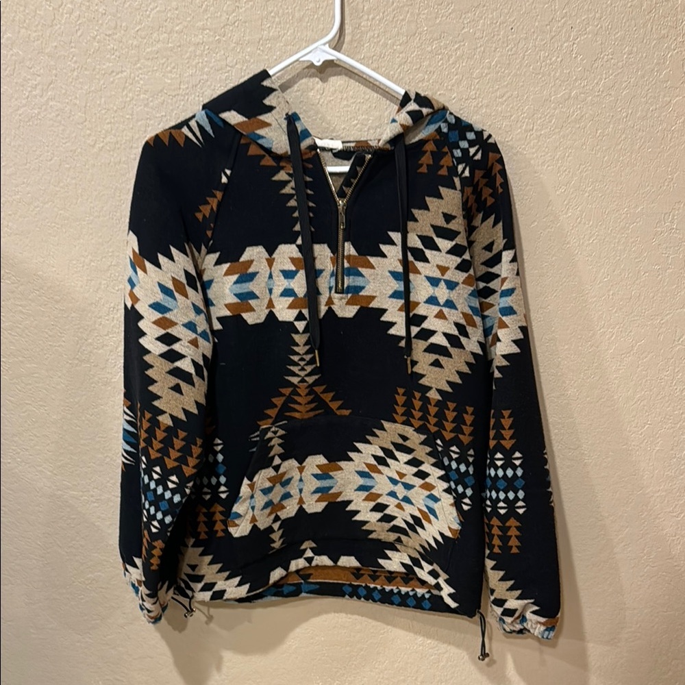 Kori Aztec Pattern Hooded Pullover Jacket in Black, Cream, Brown, Blue